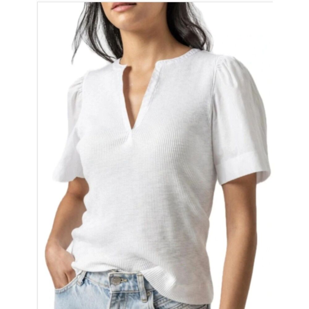 SZ L Lilla P White Mixed Media Cotton Kinit Puffed Sleeve Split Neck Top